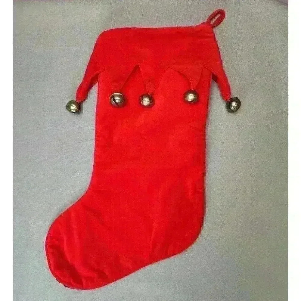 Vintage Wool Plaid Needlepoint Christmas Stocking Red Velvet Cuff Jingle Bells - Picture 2 of 4